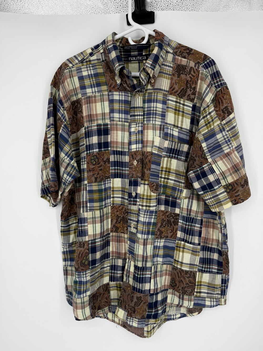 VTG Nautica Madres Plaid Button Down Shirt SZ L Brown Preppy Resort Ivy League